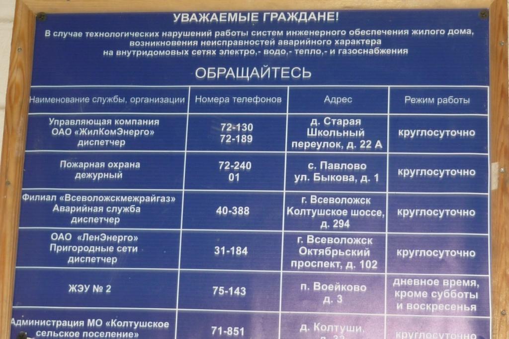Телефоны экстренных служб Колтушской области